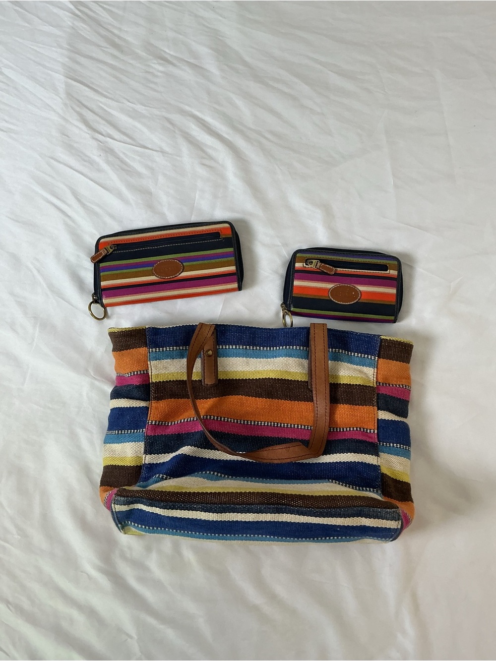 Fossil Colorful Striped Tote & Wallet Set – Canvas + Leather Boho Bundle - Picture 15 of 15